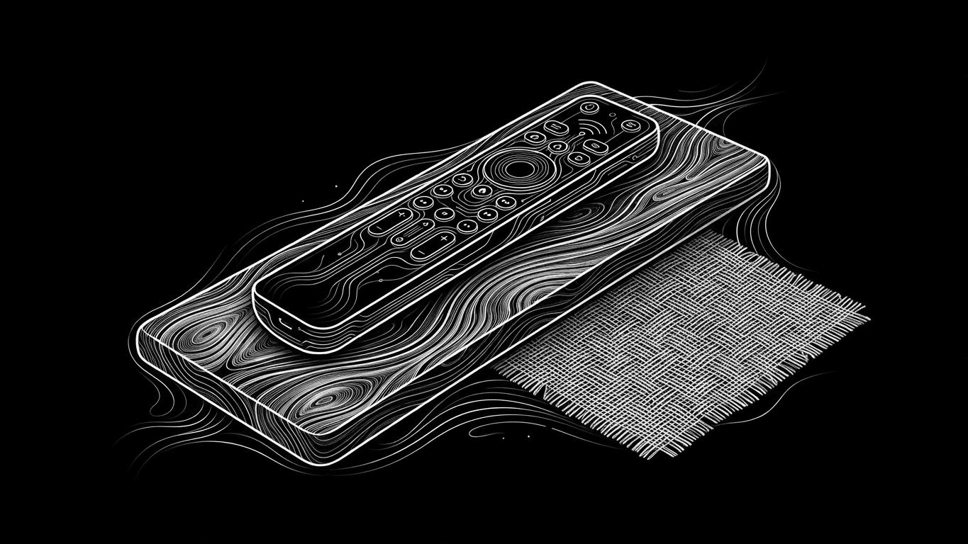 A modern remote control resting on a natural wood surface with a fabric swatch, symbolizing craftsmanship and technology.