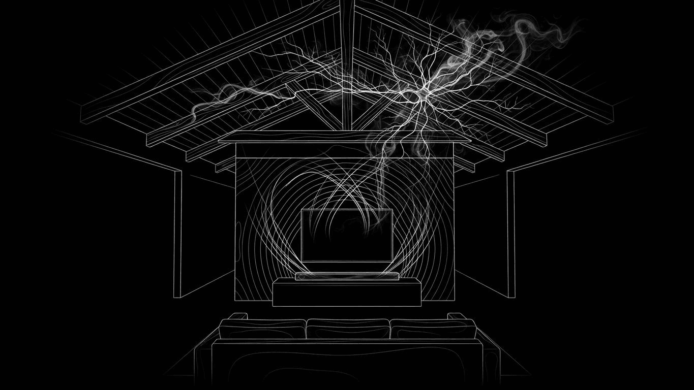 A soundbar in a high-ceiling room with sound waves failing to reflect toward the viewer.