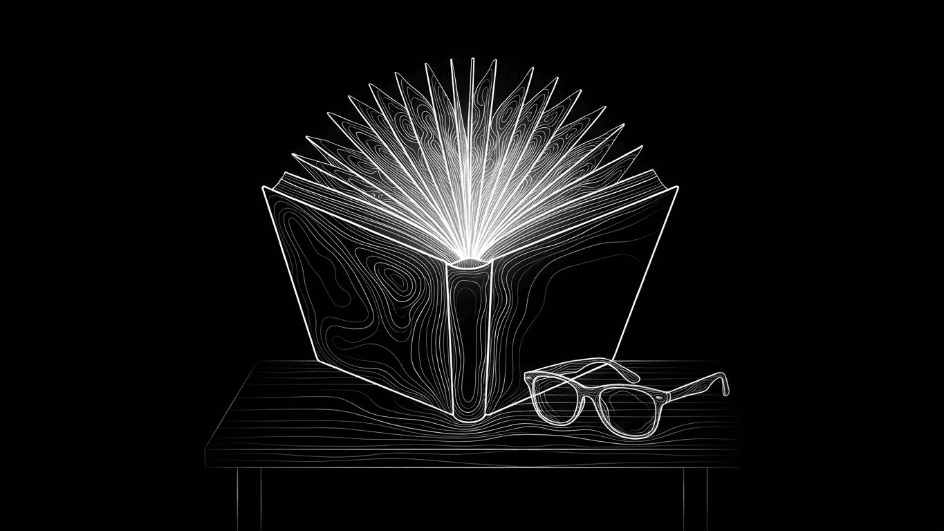 A Lumio folding lamp open like a glowing book on a table.