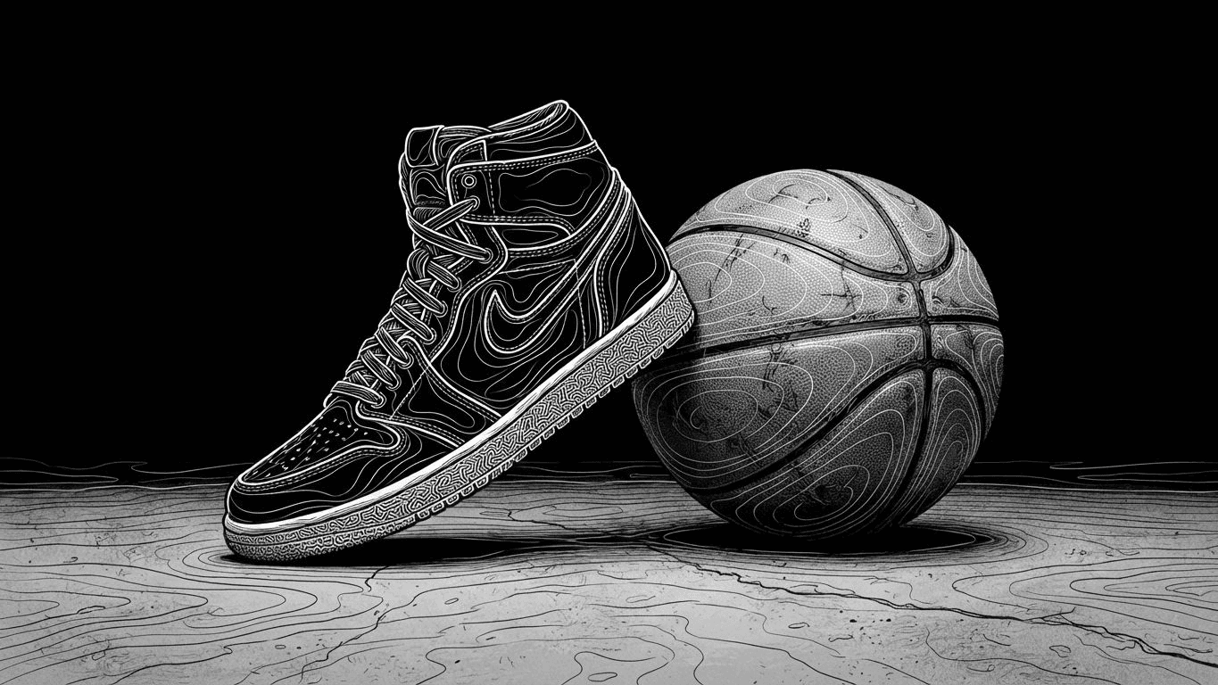 A colorful high-top basketball sneaker with a thick sole and padded ankle support.