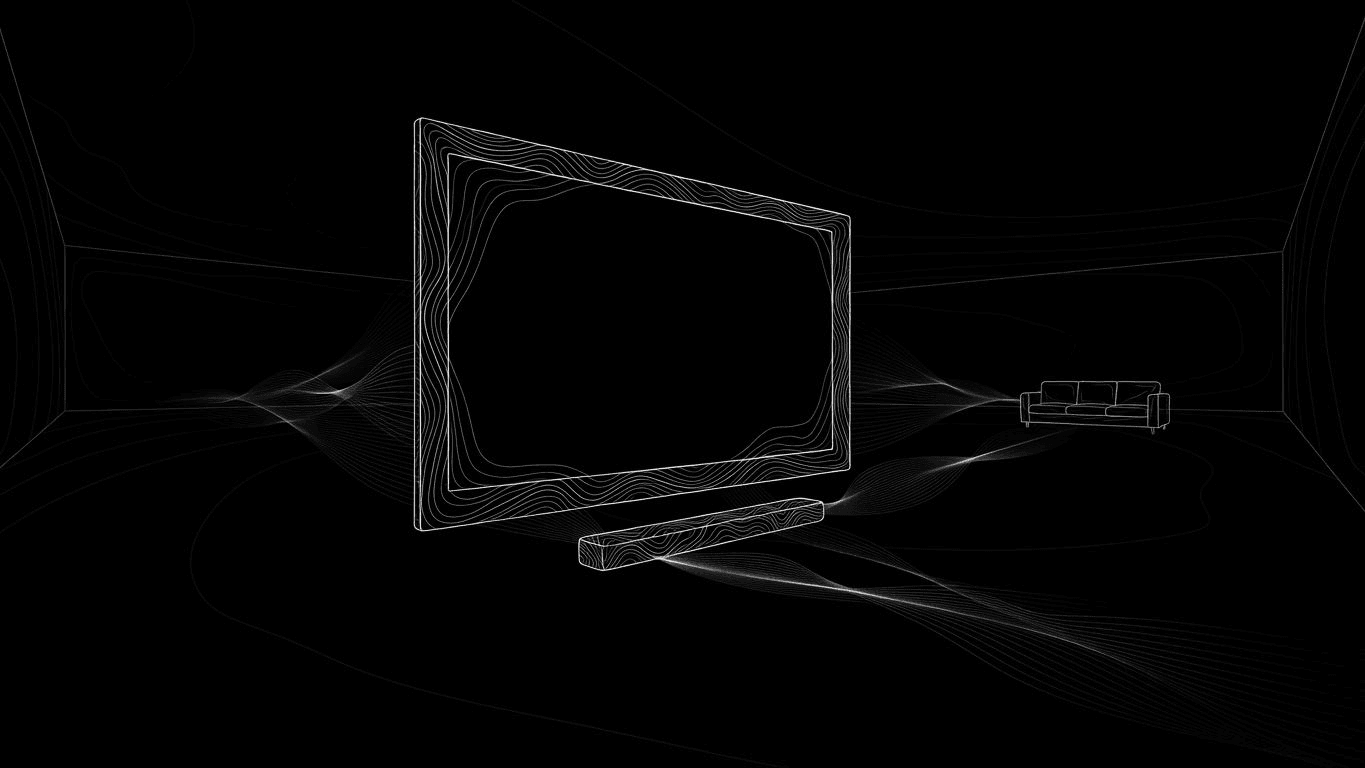 A small soundbar in a large room with dissipating sound waves that do not reach a far-away couch.