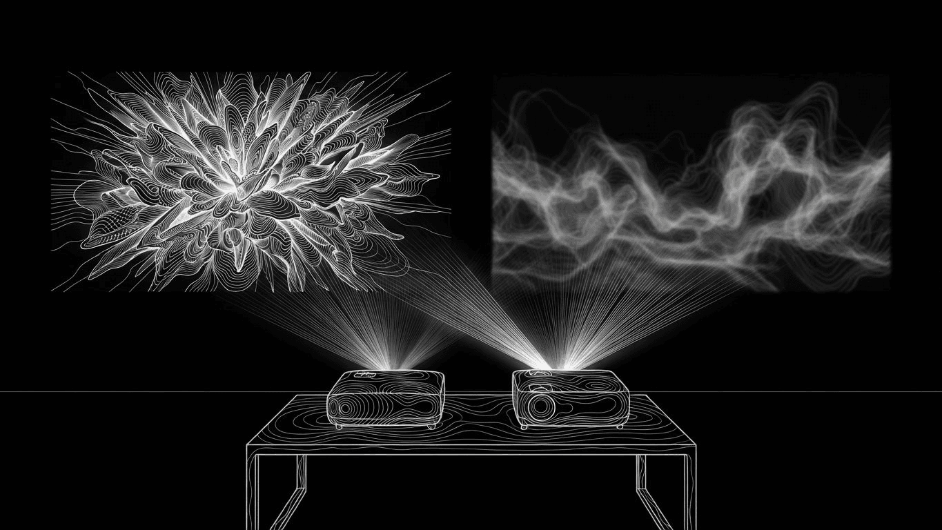 Comparison of two projected images on a wall, one showing vivid colors and the other appearing washed out and grey.