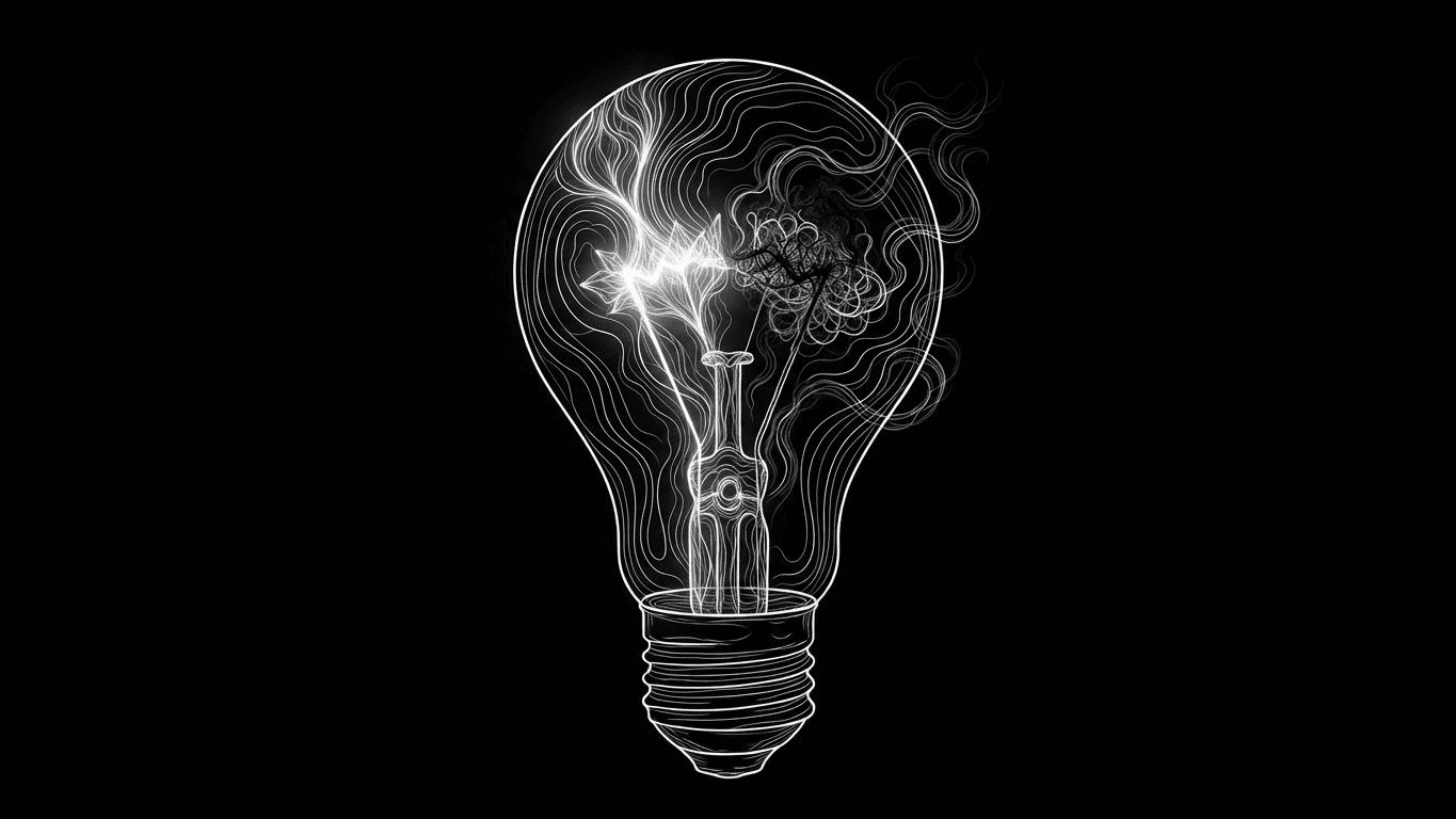 A projector lamp split between a bright glowing half and a dim, darkened half.