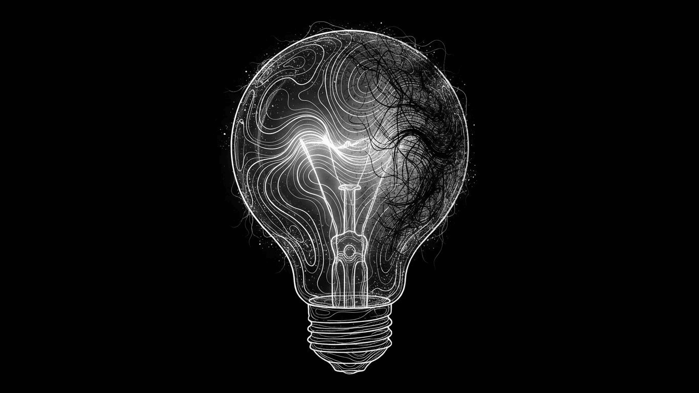 A projector lamp bulb showing a comparison between a clear new side and a dark, soot-covered degraded side.