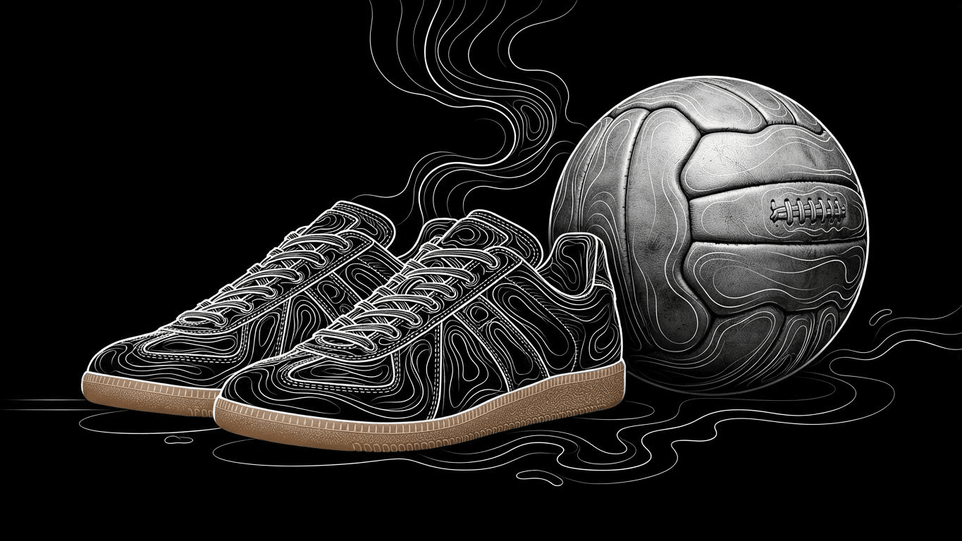 Modern low-profile retro sneakers with a gum sole displayed next to a vintage leather soccer ball.