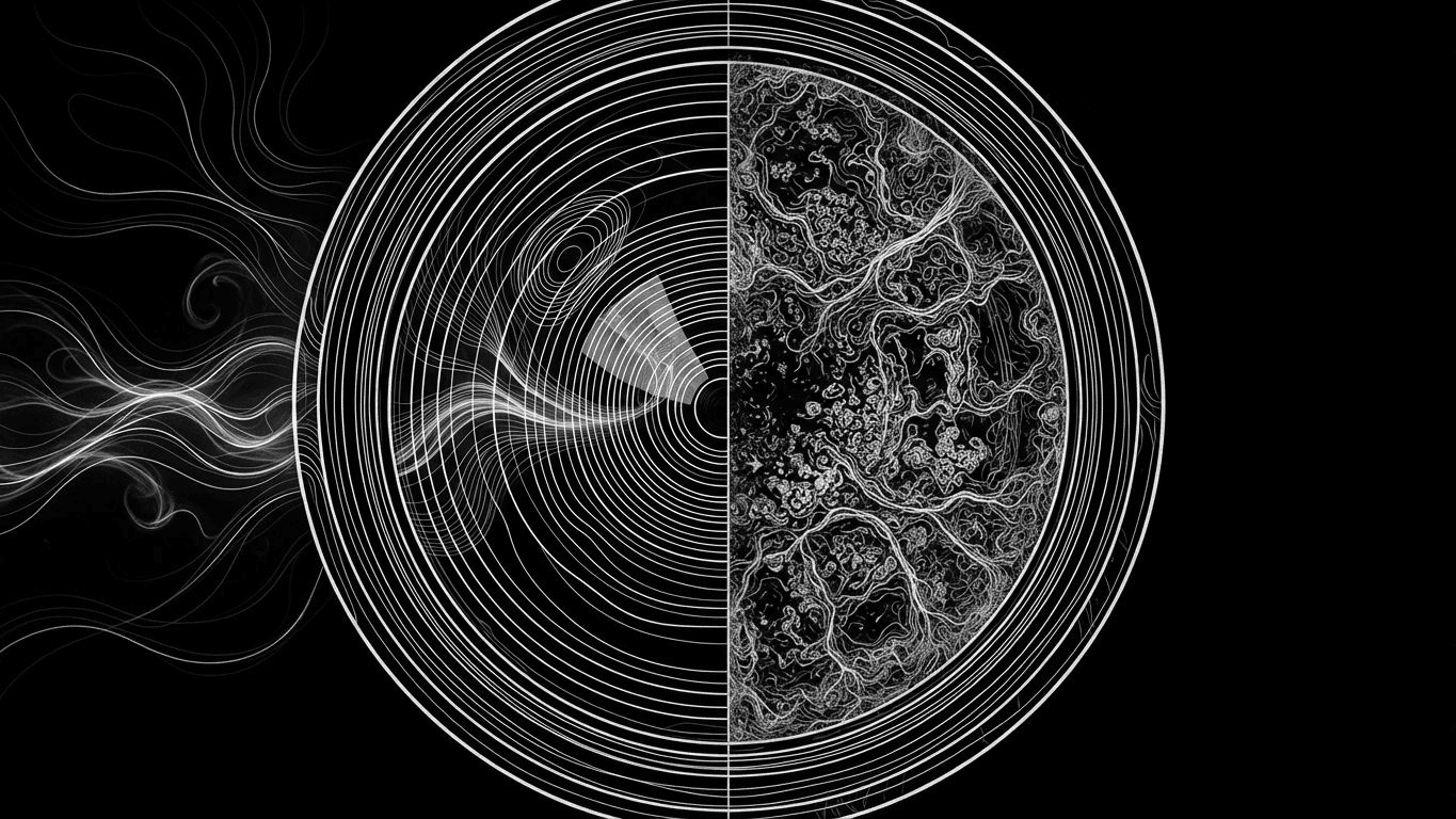 A projector lens split between a clean side and a dusty side, illustrating light scattering.