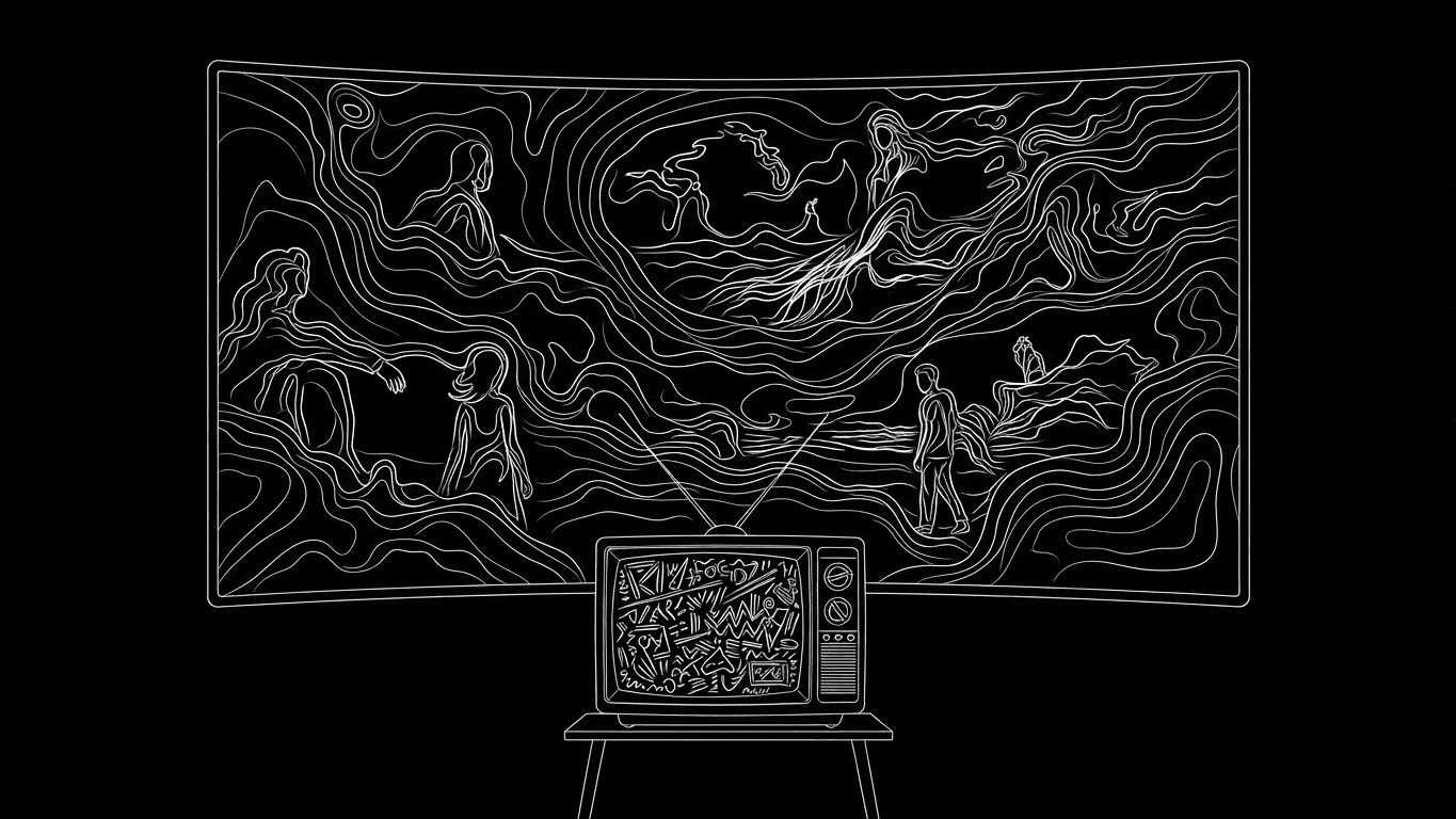 A massive cinematic projection looming over a much smaller smart TV showing ads.