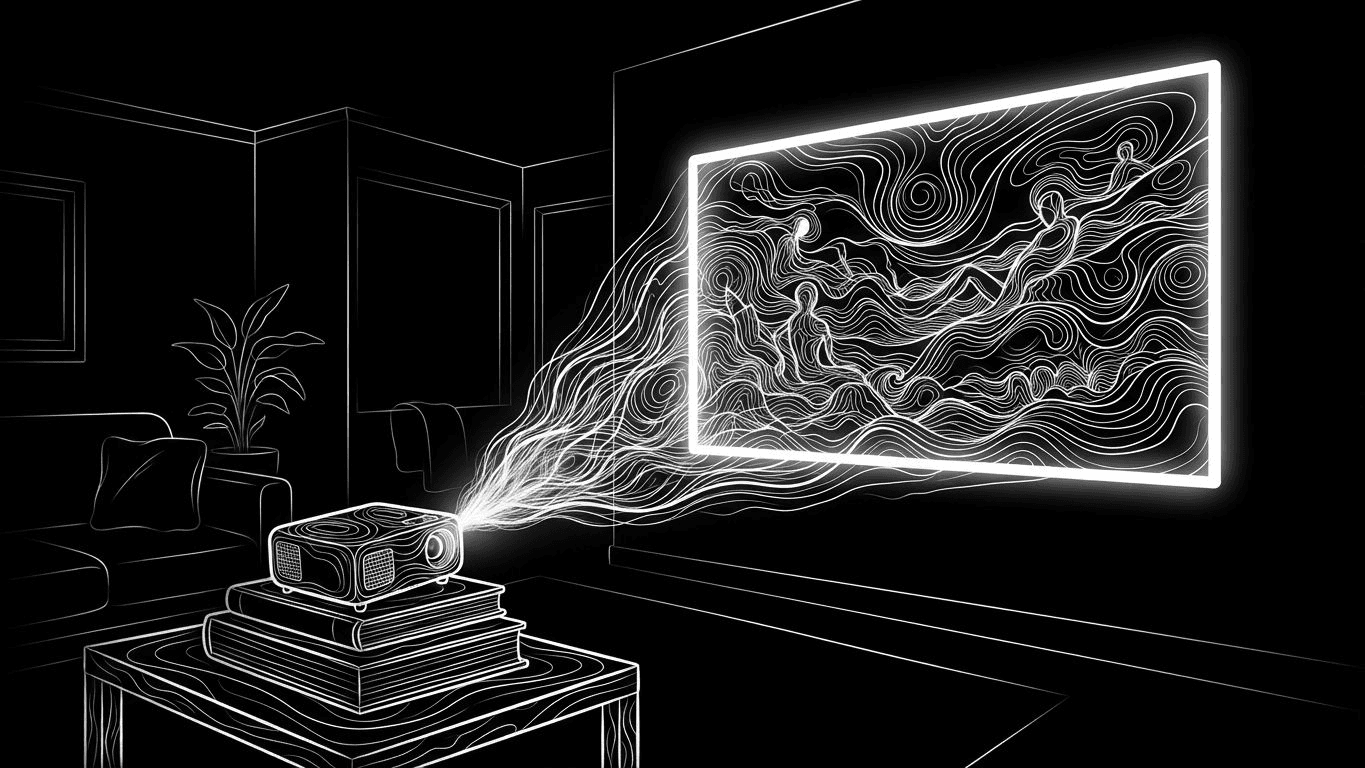 Portable projector on a book stack projecting a large image onto a flat apartment wall.