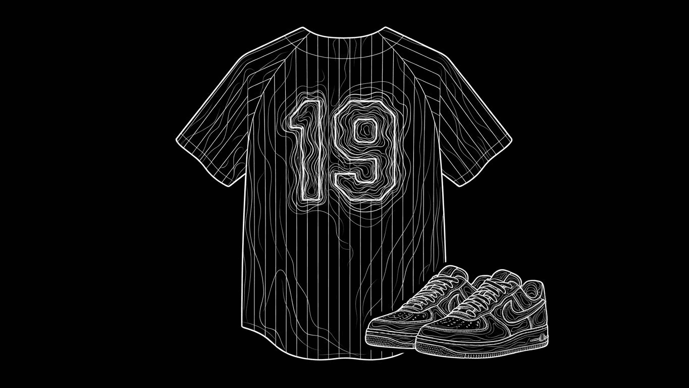 A pinstriped baseball jersey hanging next to a pair of clean white sneakers.