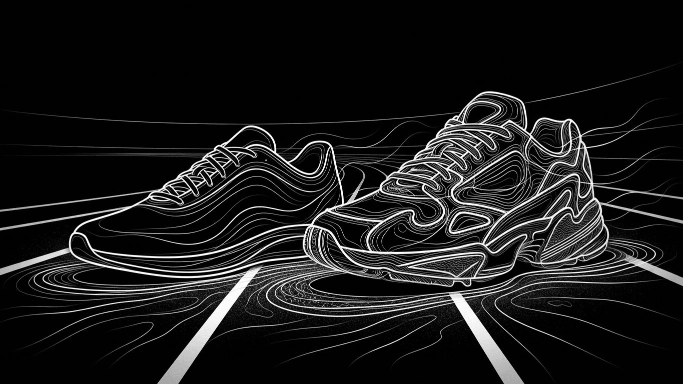 A slim vintage-style sneaker compared with a chunky retro running shoe.