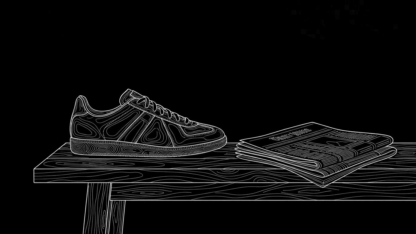 A retro-style low-profile sneaker with white stitching and a gum sole resting on a wooden surface.